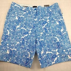 Talbots Perfect Short 10 1/2" Women 12 Blue White Paisley Pockets Flat Front NEW